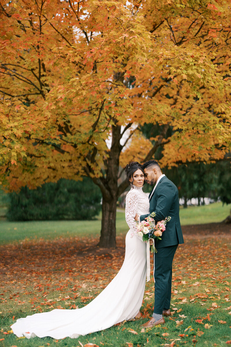 Newly Married Couple walks down to the Pond at Bolton Valley