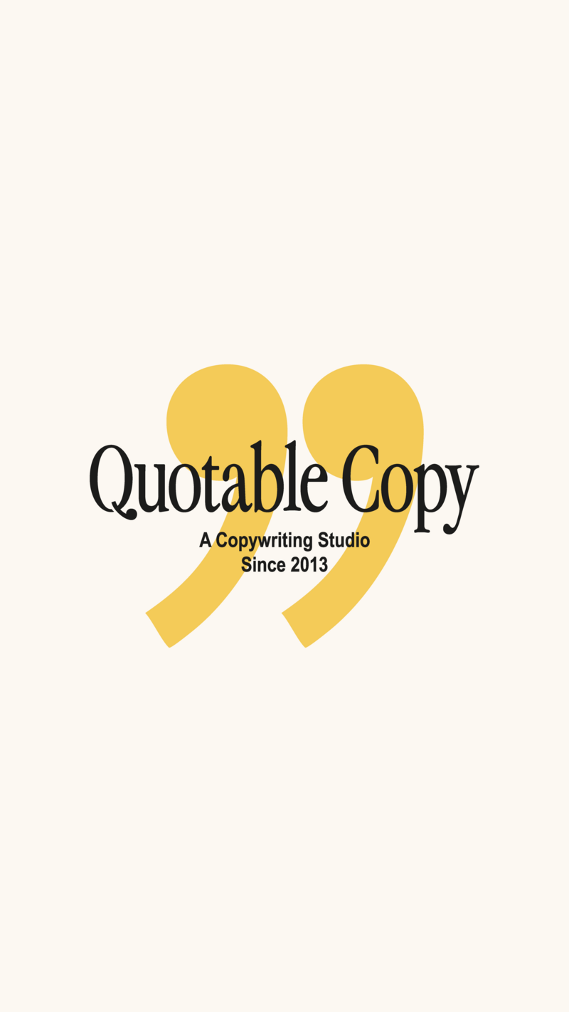 Quotable Copy logo on top of a yellow quotation mark icon