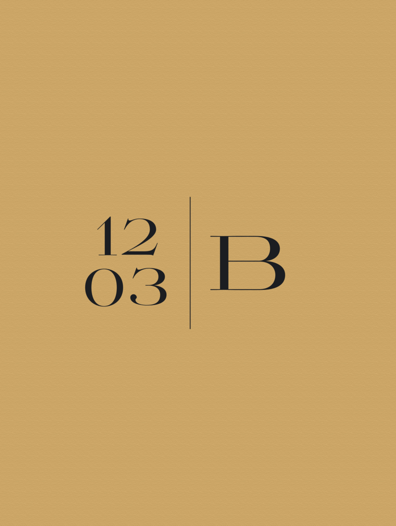 Black serif submark logo design with numbers 1203 and the letter B on a gold background