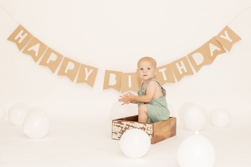 A boy having his 1st birthday photographed by a photographer in Saginaw Michigan