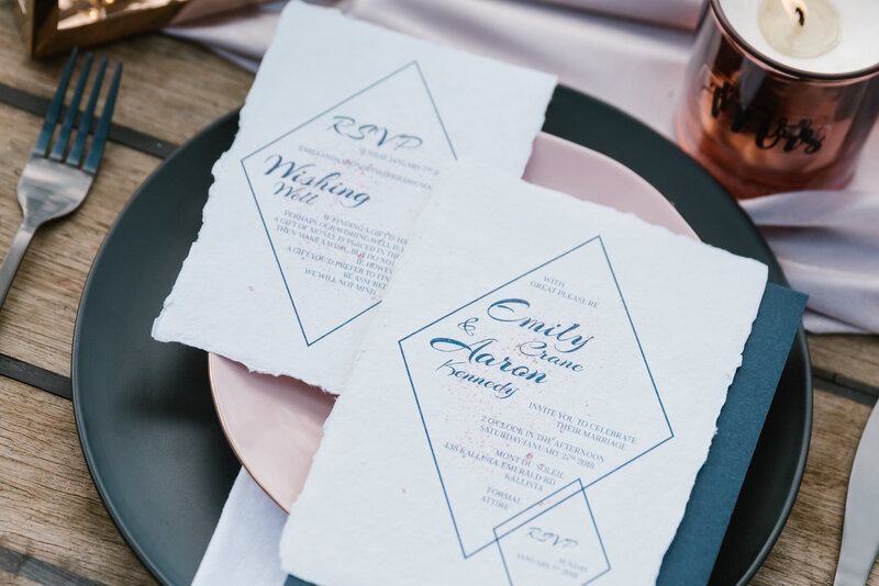 Indie Handmade wedding invitation and RSVP card with diamond design