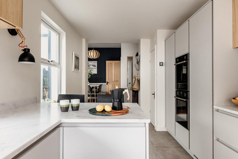 Visual showing kitchen interiors at Canton project designed by Hygge and Cwtch