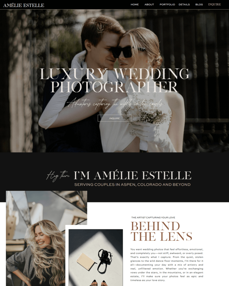 Amélie Showit website template for photographers featuring a chic, modern design—perfect for showcasing editorial, wedding, and lifestyle photography portfolios