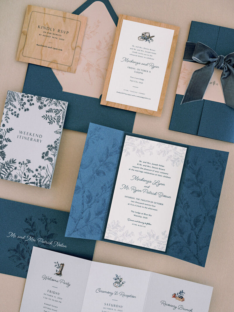 Navy Floral and Wood UTAH Wedding Invitation by @wedluxecreative for @gobella