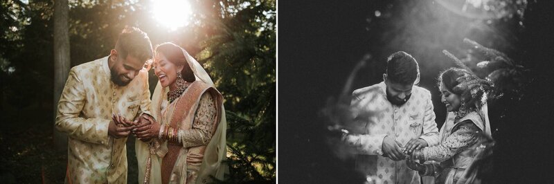 South Asian couple hug and enjoy solitude after ceremony in the canopy of the trees at Royal Alberts Palace