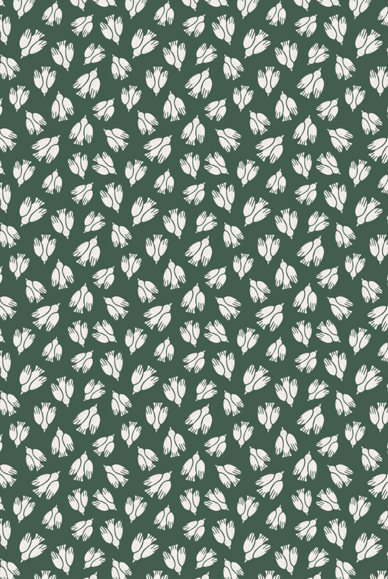 Pattern of cream colored block print birds flying on a earthy green background