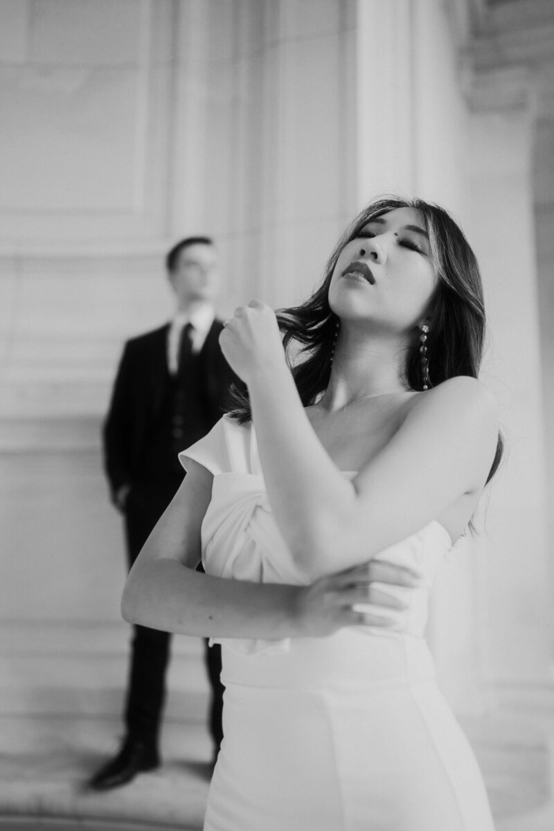 Elegant engagement portraits in Palais Royal garden in Paris