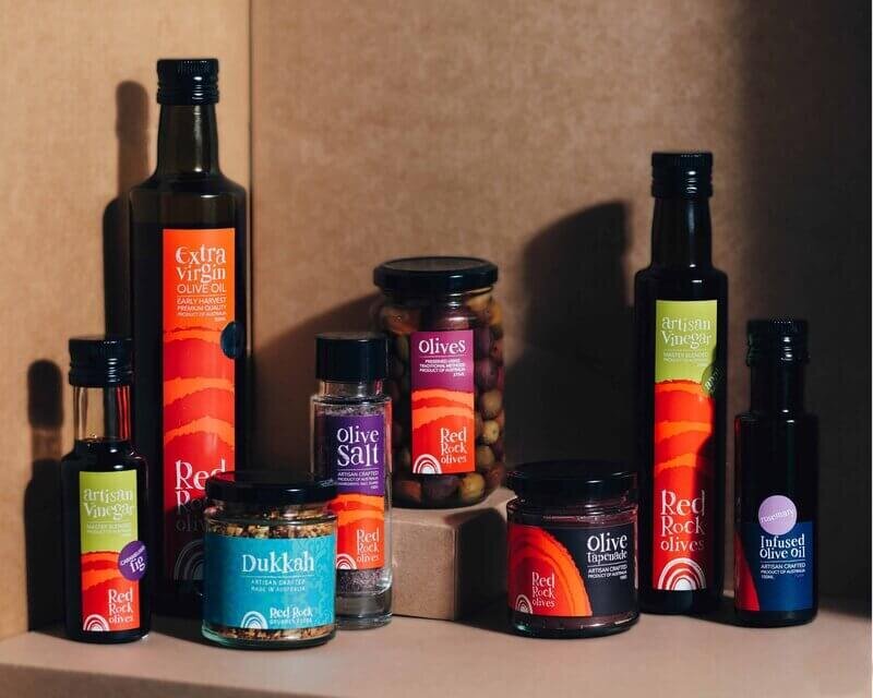 Collection of Red Rock olives food with bright colour packaging labels