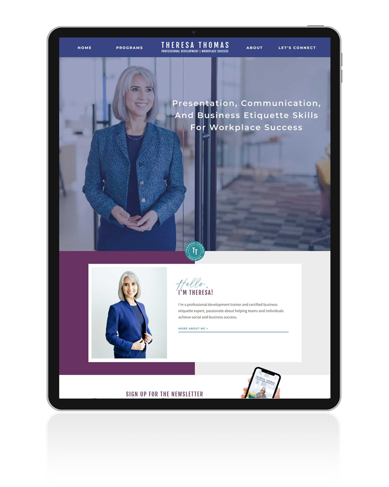 Explore Theresa Thomas' etiquette coaching website design on iPad, highlighting the intersection of creativity and digital innovation through website design for creatives.
