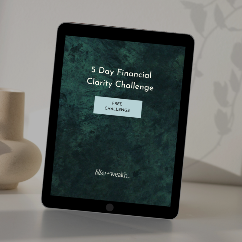An iPad sits atop a white desk with a beige abstract vase and leafy shadow  in the background. The iPad reads "T5 Day Financial Clarity Challenge"- a free challenge by money mentor, Jenny Whichello.