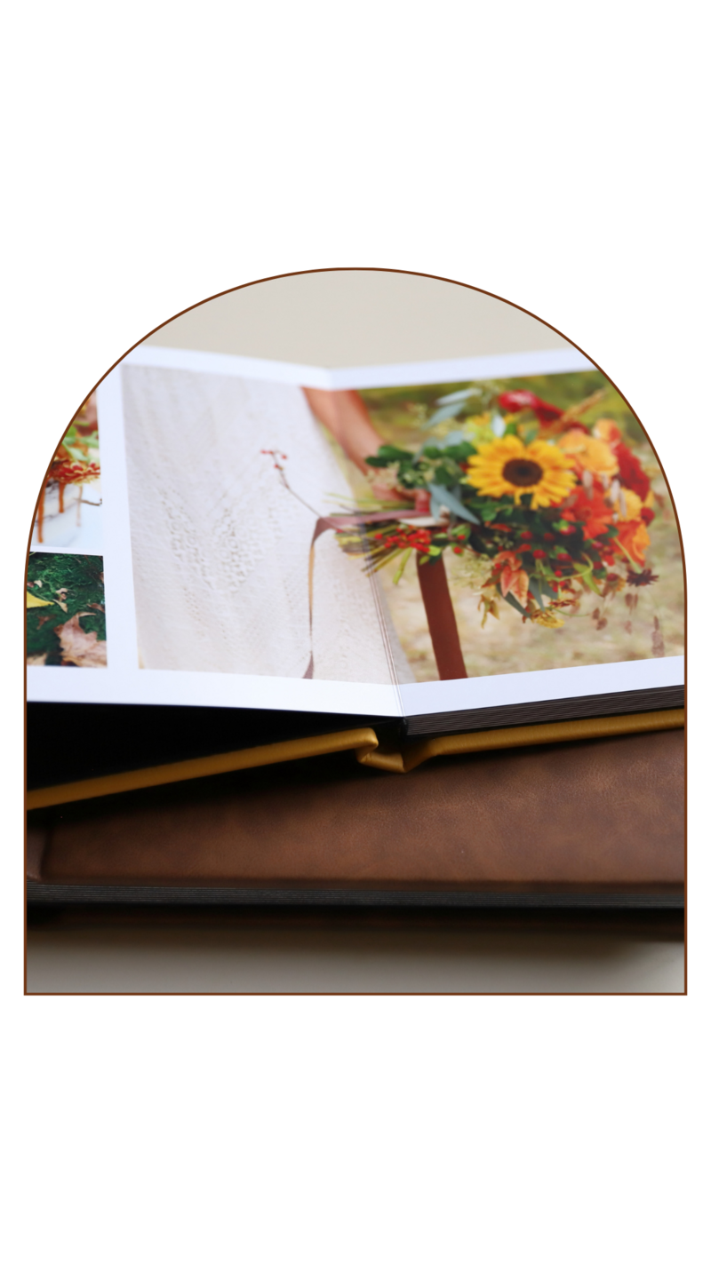 Leather wedding album image showing beautiful album pages with a bride and fall flowers