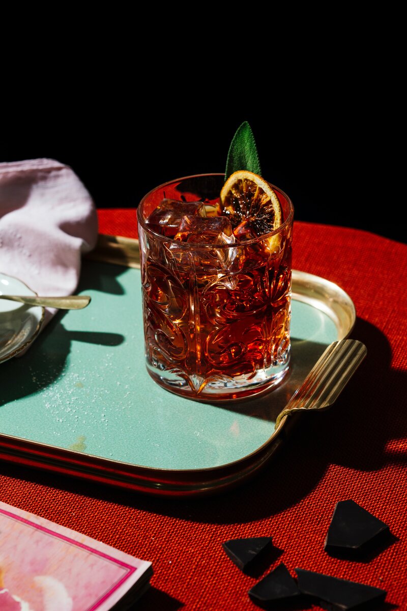 A negroni cocktail on a platter