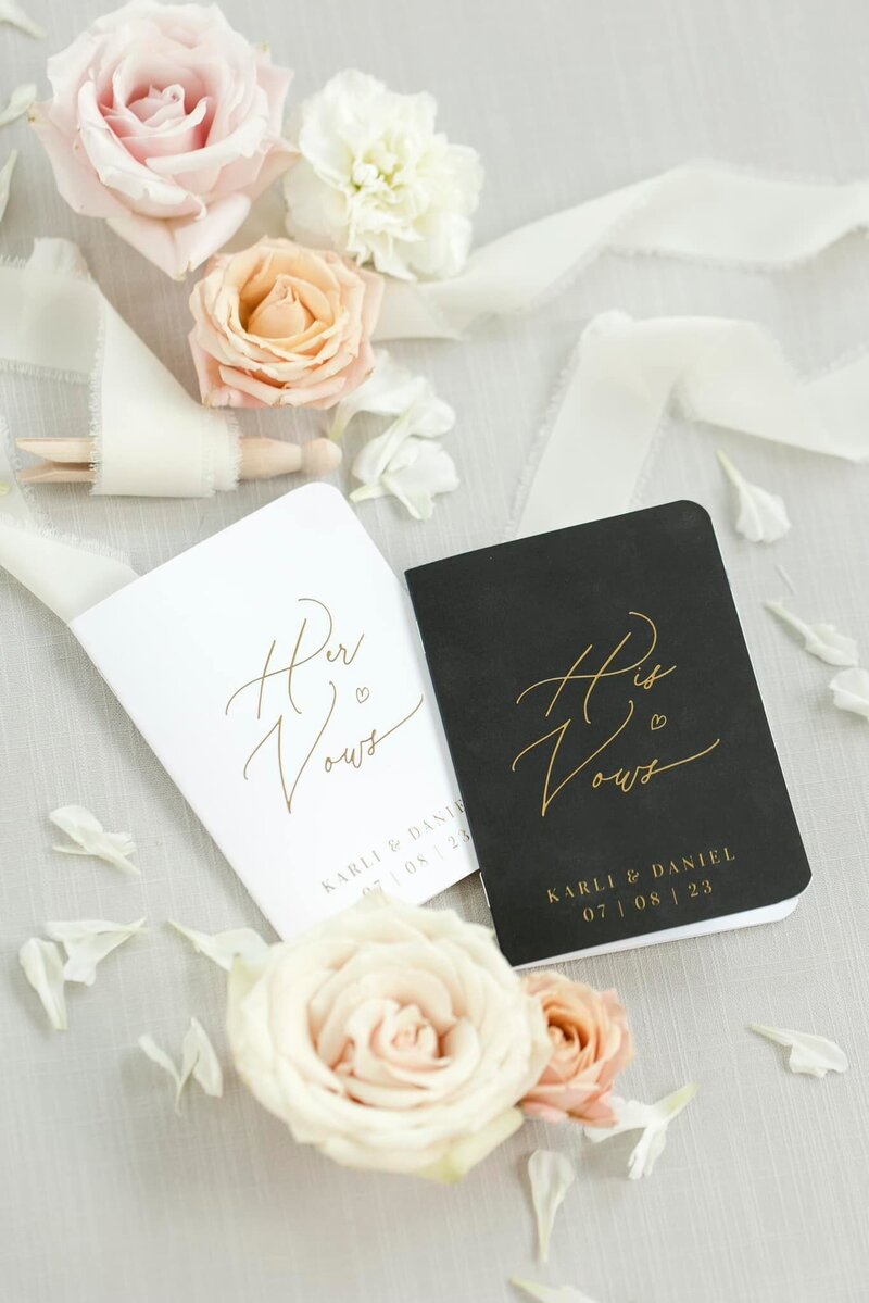 A detail shot of the couple's vow booklets, signifying the promises made during their August House Venue ceremony.