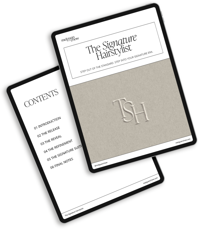 Mockup of The Signature Hairstylist course for hairstylists and beauty professionals. An online program teaching stylists how to design signature services, create a profitable service suite, and attract dream clients.