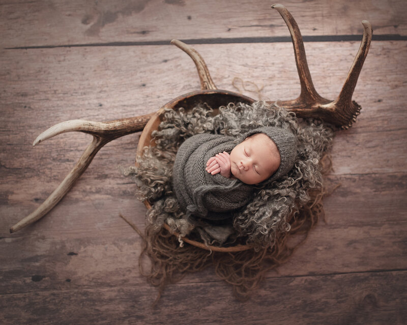 Newborn Boy photo session with antlers in Southern Oregon by Katie Anne