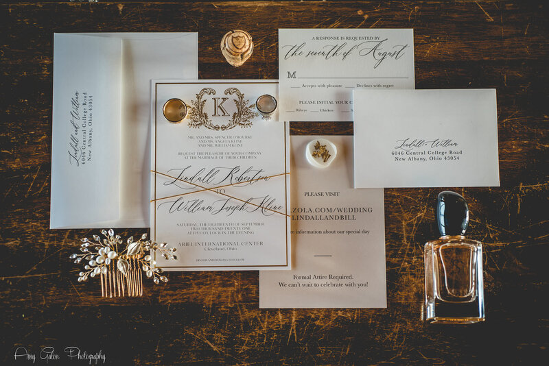 wedding rings with invitations laid out next to them