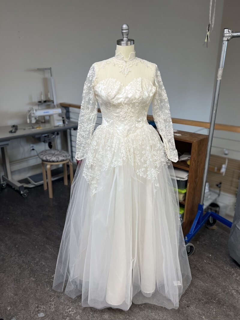 Trisha's grandma's vintage wedding gown from 1957, ready for restyling into a new bridal veil