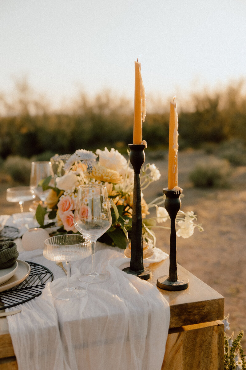 wedding detail tablescape of bohemian themed wedding day