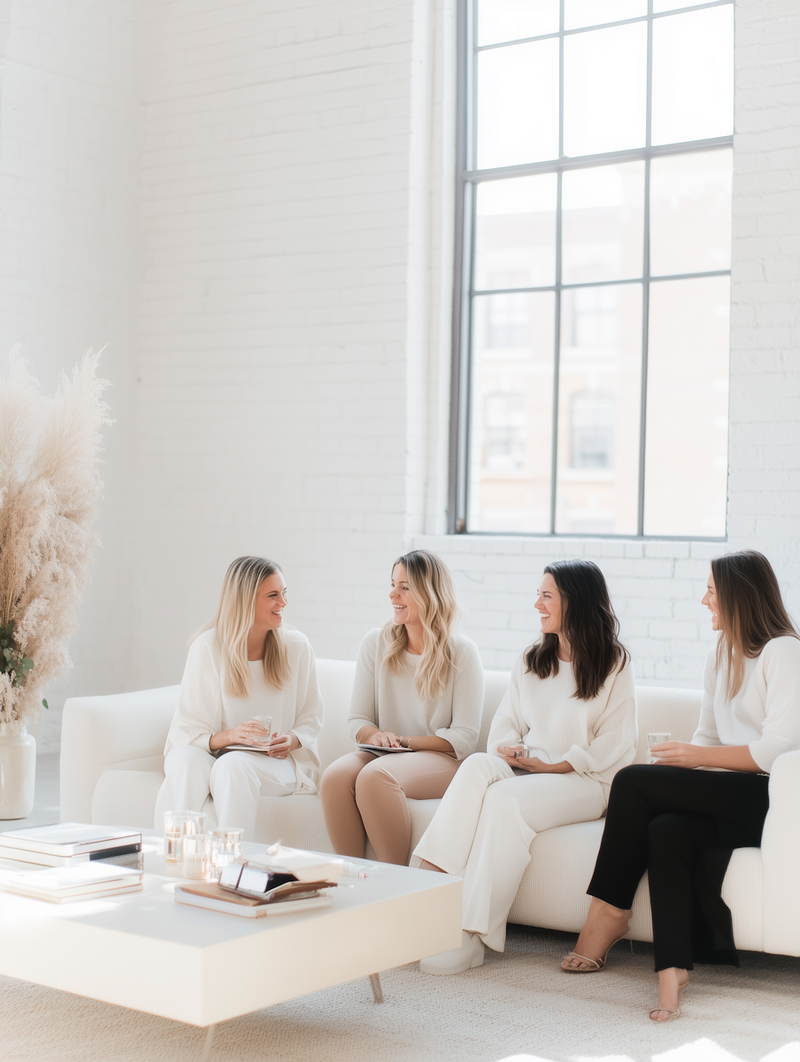 pharma agency team of women collaborating and discussing on a white sofa