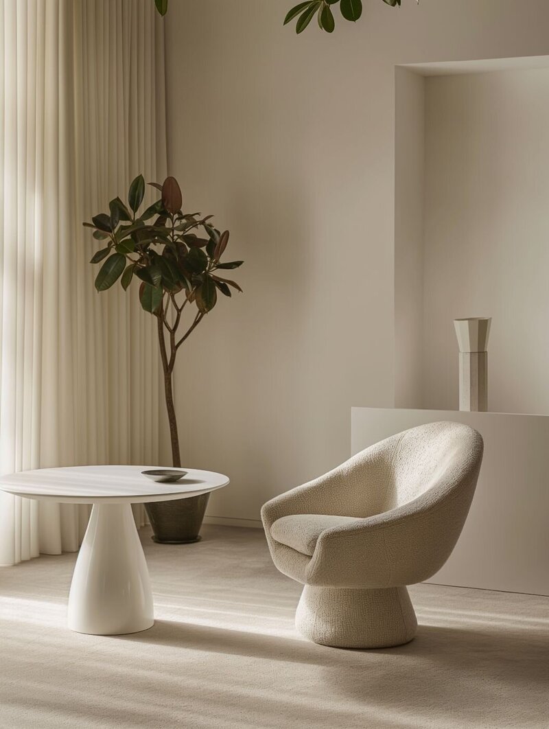 Modern neutral lounge featuring a sculptural cream boucle armchair beside a sleek white pedestal coffee table, a potted indoor tree and soft floor-to-ceiling curtains