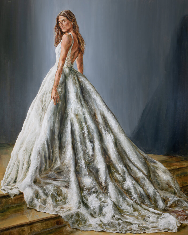 A high end bridal dress painting featuring Monique L'Huillier's Magnificent gown.