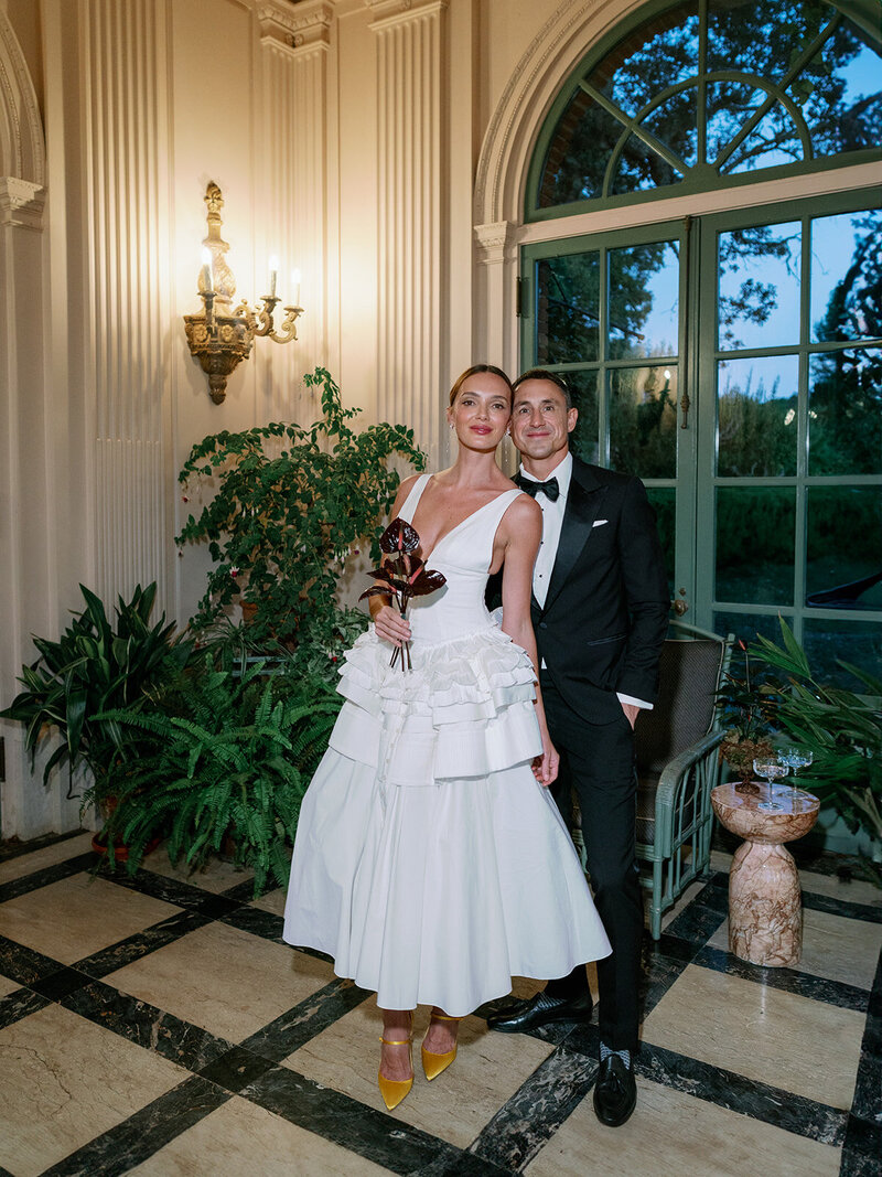 Bride in her third reception dress at Filoli Gardens wedding in California