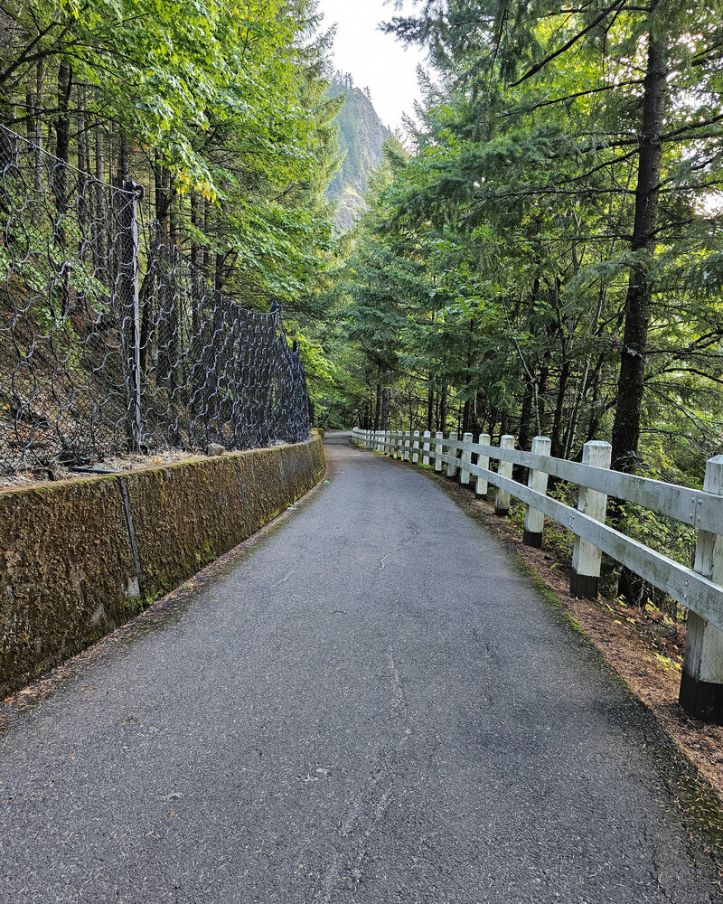 Enjoy a leisurely ride through tree-lined paths and alongside a white fence on the paved bike trails at Viento State Park with The Gorge E-Bike Adventure Rentals