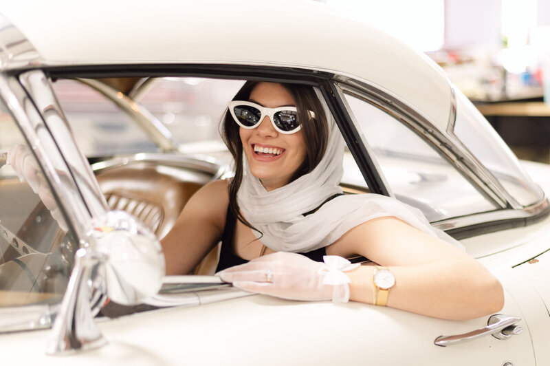 vintage style engagement session with cat eye glasses, scarf and gloves