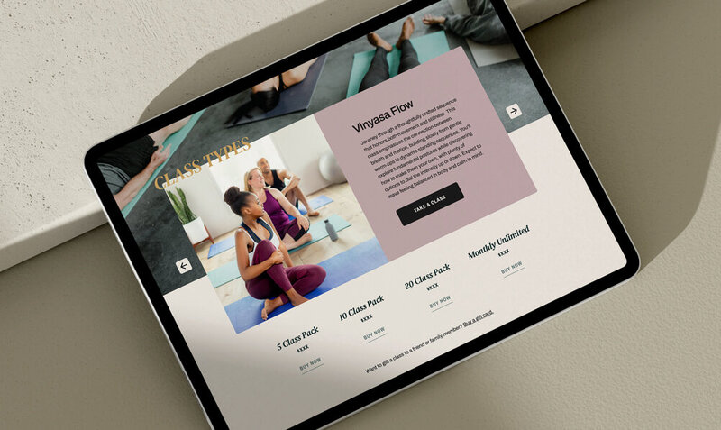 Showit website template featuring a section for boutique fitness studio class types.