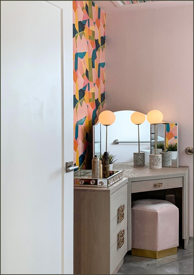 Salon design with colorful textured  wallpaper on ceiling and walls full view