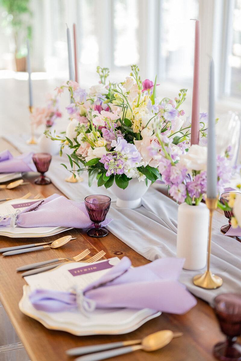 Lavender wedding table setting.