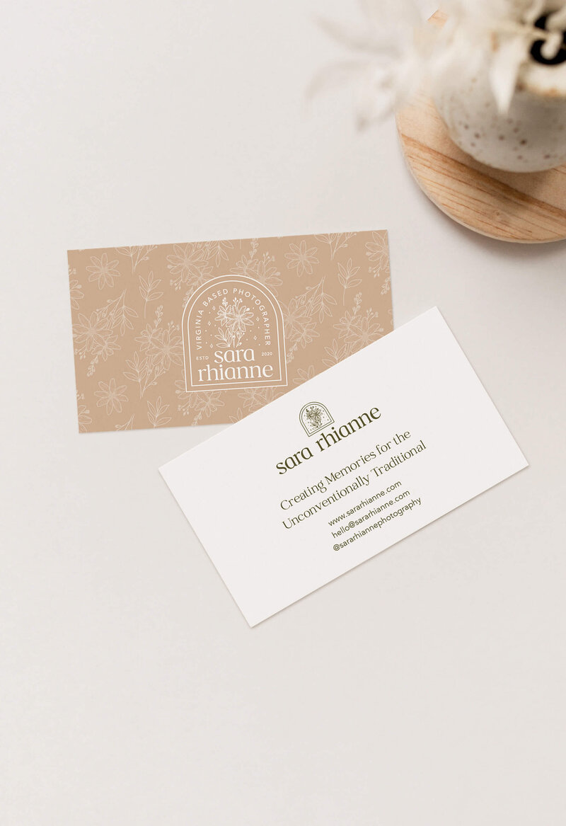 Neutral business card design for wedding photographer with floral pattern