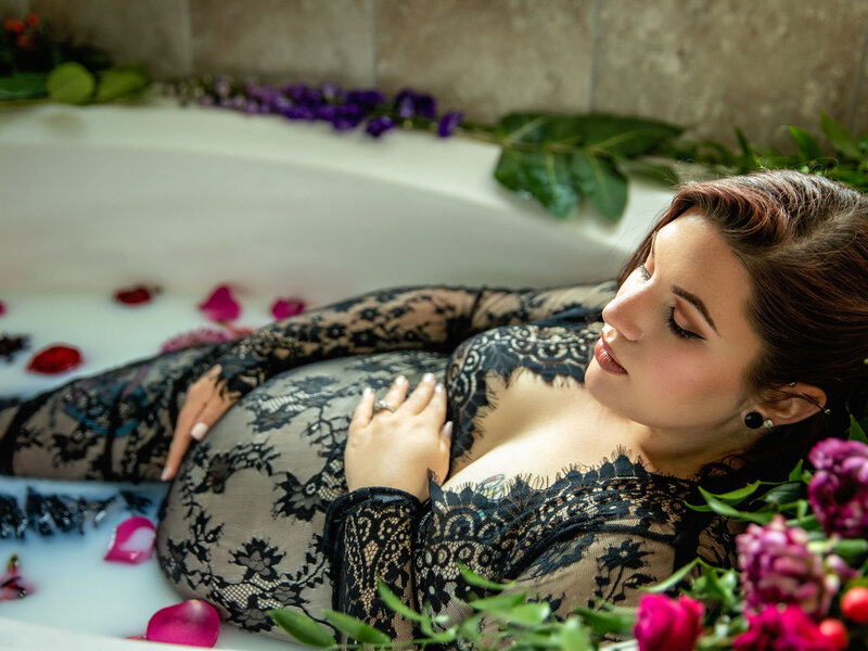 Black Lace and Deep Bold Flowers for Maternity Milk Bath Inspiration in Tarrant County