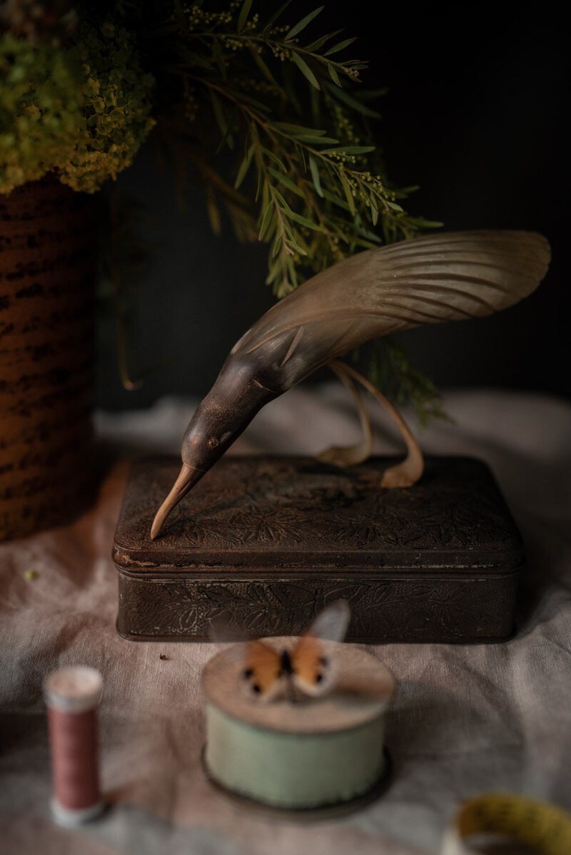 Stilleven met vintage blikje met erbovenop een vogel die met zijn snavel het blik aantikt