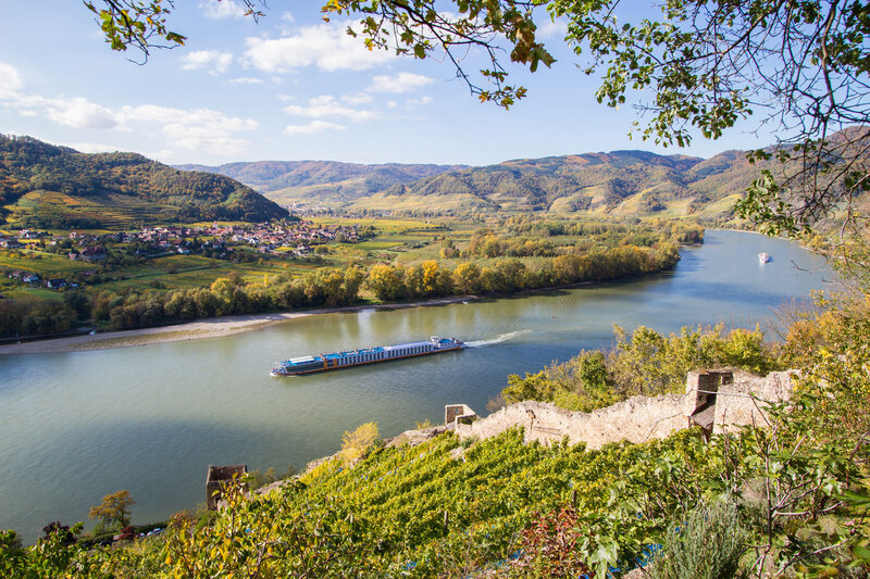 A scenic river flows through a valley lined with vineyards and hills. A riverboat travels along the water. Villages with clusters of houses are visible in the distance. Trees with green leaves frame the foreground under a partly cloudy sky.
