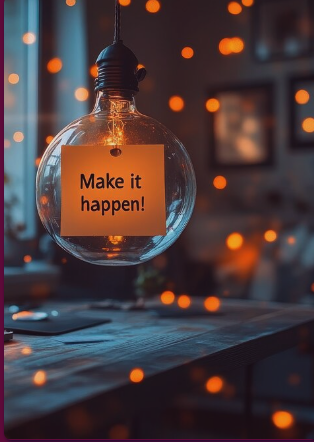 Picture of bauble bauble-shaped bulb with soft lights around and a note stating 'Make It Happen' to show the coaching journey can begin now