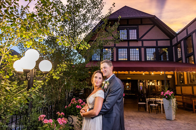 Nice Wedding Couple Portrait at Sunset on the Outdoor Patio at Craftwood Peak wedding venue in Colorado