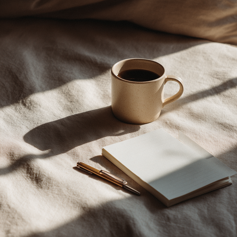 light pours in on cup of coffee and website planning journal