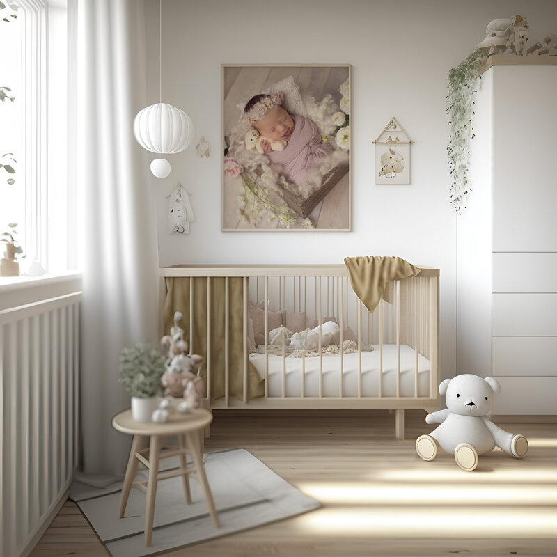 A fine art image taken by a NJ Baby & Children Photographer  hangs on a wall above a crib in a nursery