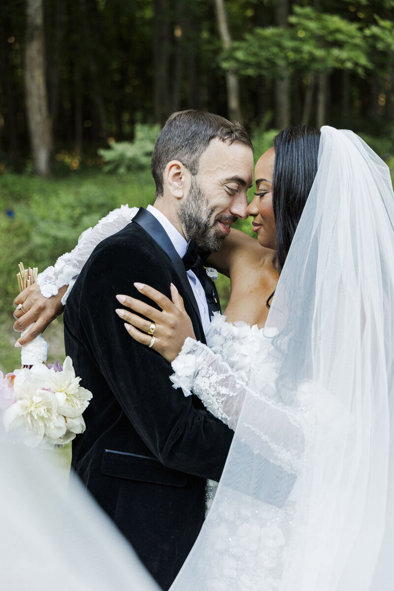 Close up of newlyweds embracing during their Hudson Valley elopement