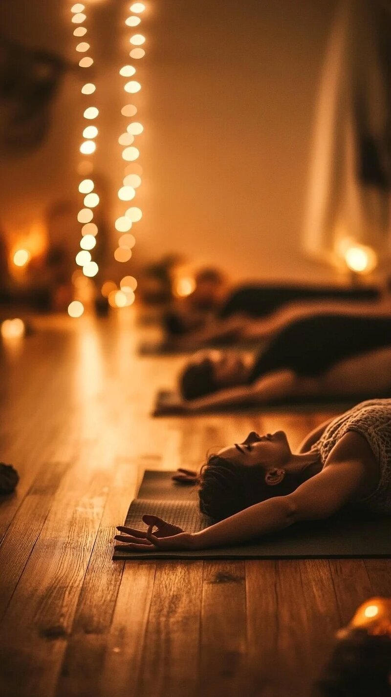 people lying in candle lit room doing breathwork