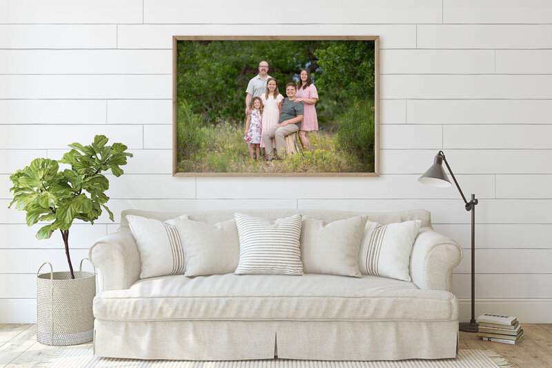 family portrait hanging over fireplace in Colorado Springs, Colorado