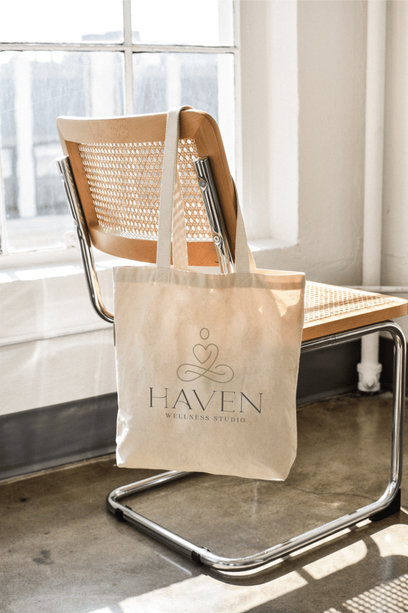 Custom tote bag design for Haven Wellness Studio, part of a cohesive branding package created by Phoenix brand strategist and designer Her Higher Standard.