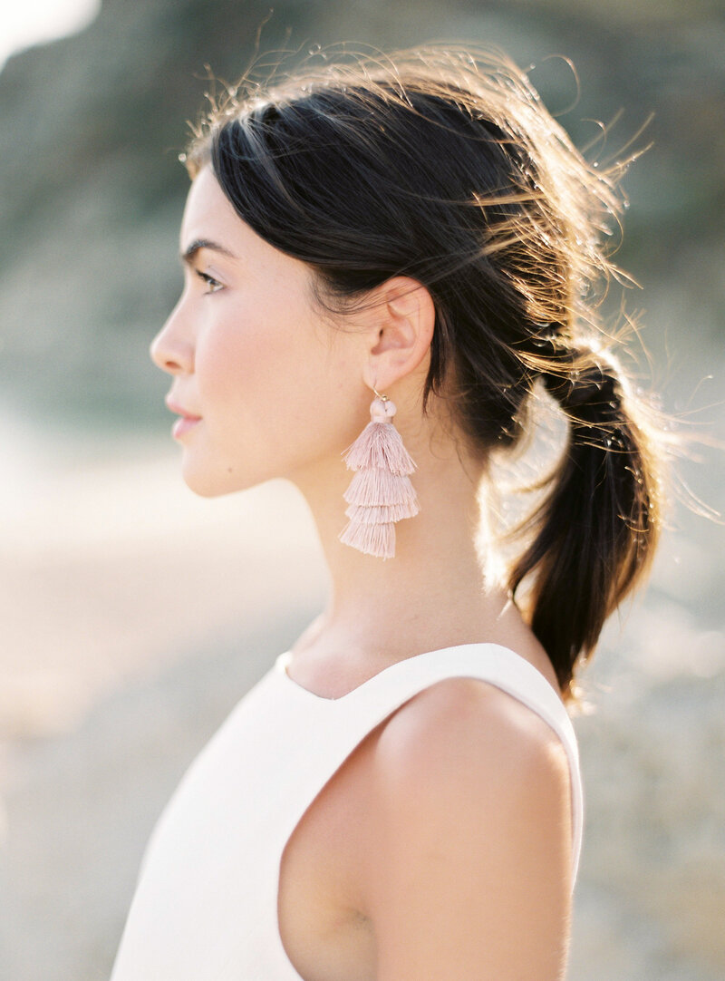 wedding-jumpsuit-ponytail-pink-earrings-Stephanie-Brauer