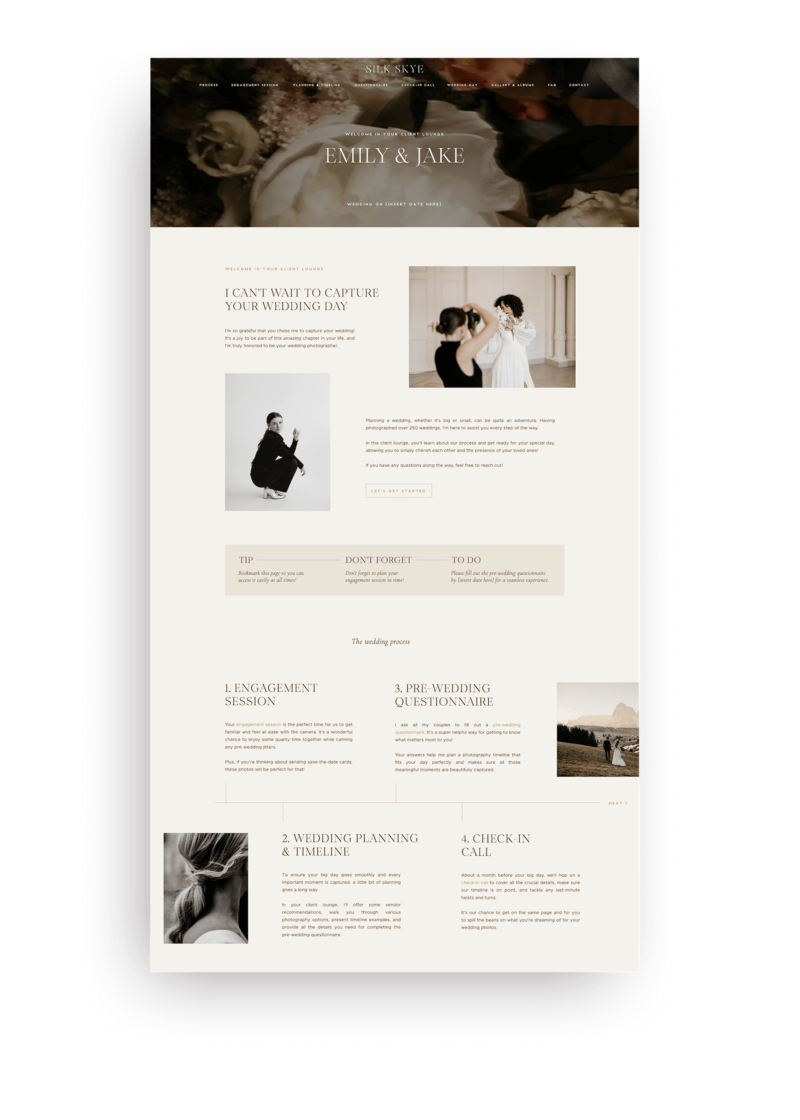 Showit Wedding Client Lounge for wedding Photographers