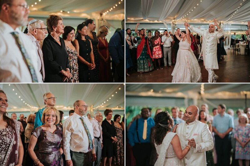 Bride and groom entering the reception floor after their ceremony at  Bartram's Garden in Philadelphia