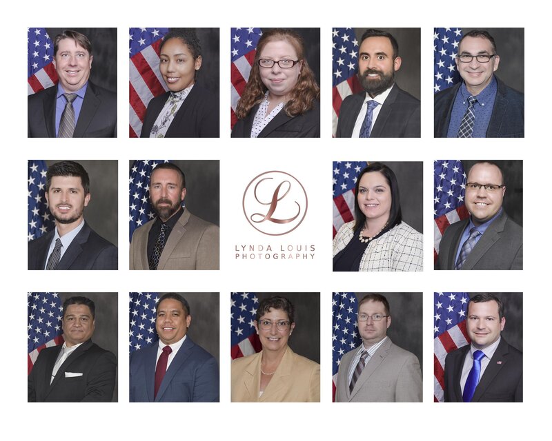 A professional collage of 14 Atlanta Team Headshots featuring diverse individuals dressed in business attire, each posing in front of an American flag backdrop