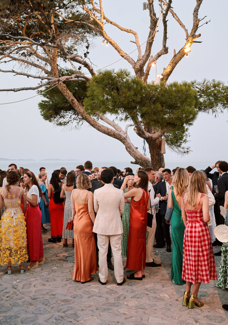 wedding guests under a tree with the sea in the background