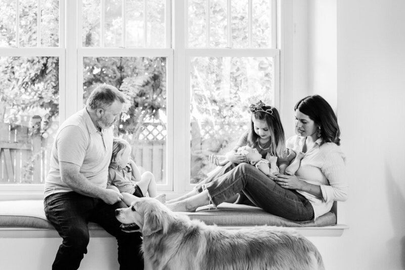 family of five sitting on a window seat with their dog photographed by NPS Photography