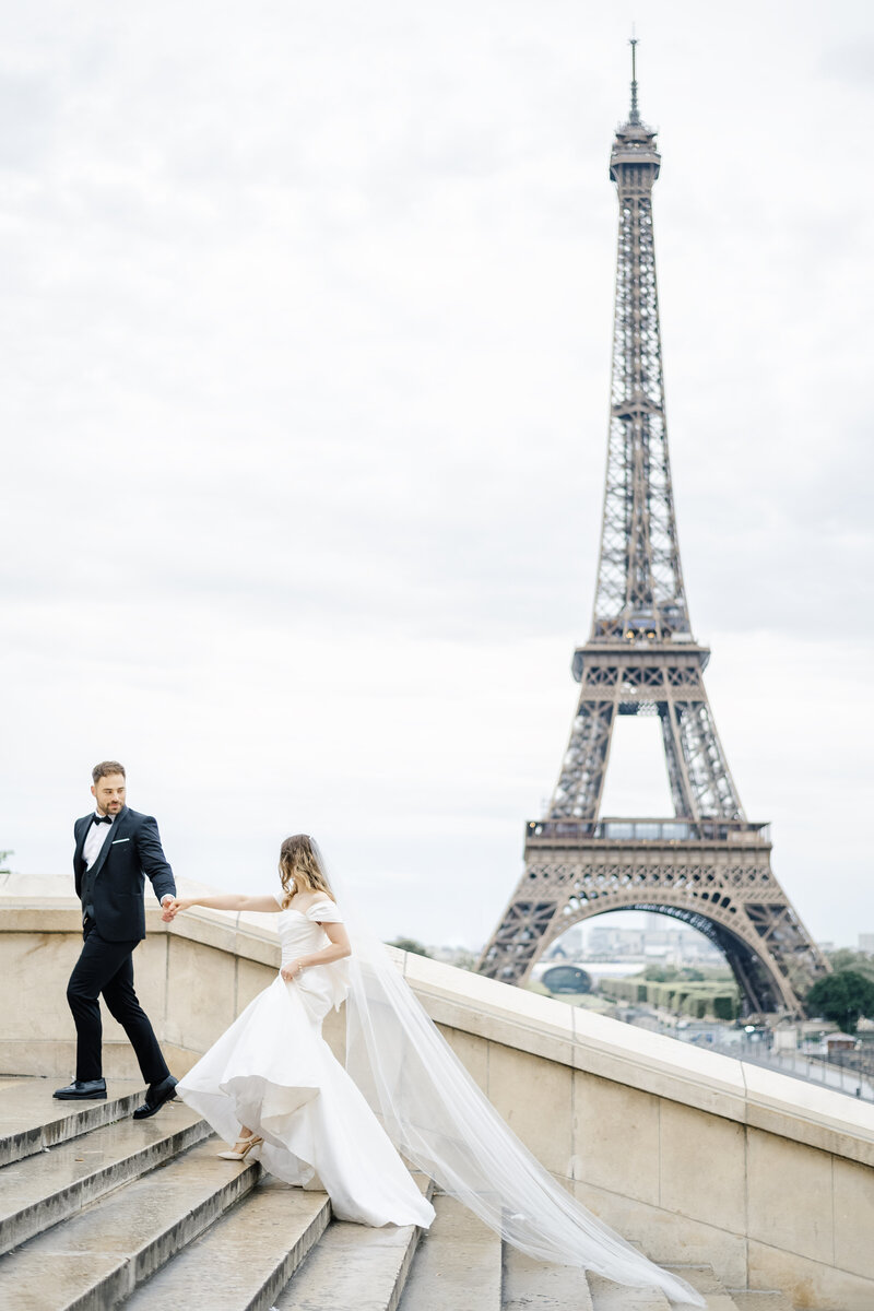 Paris elopement bride and groom portrait with Eiffel Tower